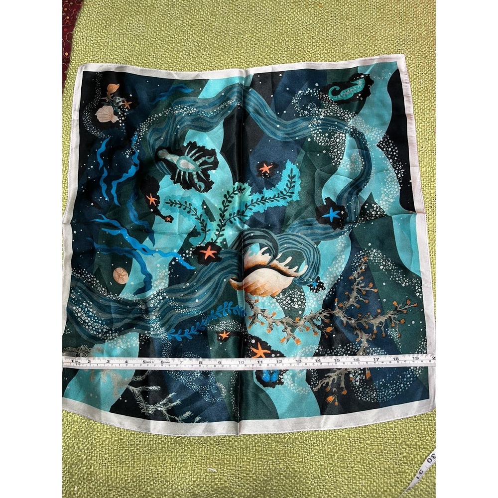 silk scarves lot of‎ 3 , 1 handrolled scarf , ocean , geometric , floral - Picture 15 of 15